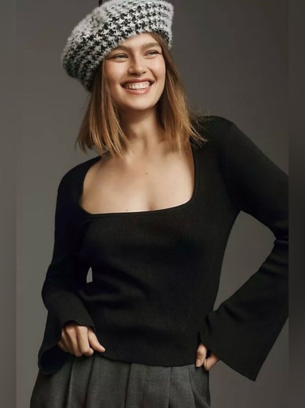 Anthropology Maeve Black Square Neck Long-Sleeve Top